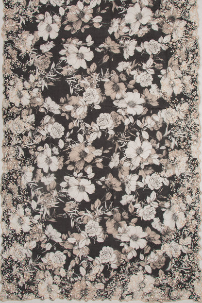 Organza Floral Printed Black Saree With Scallop Gotta Patti Work Border