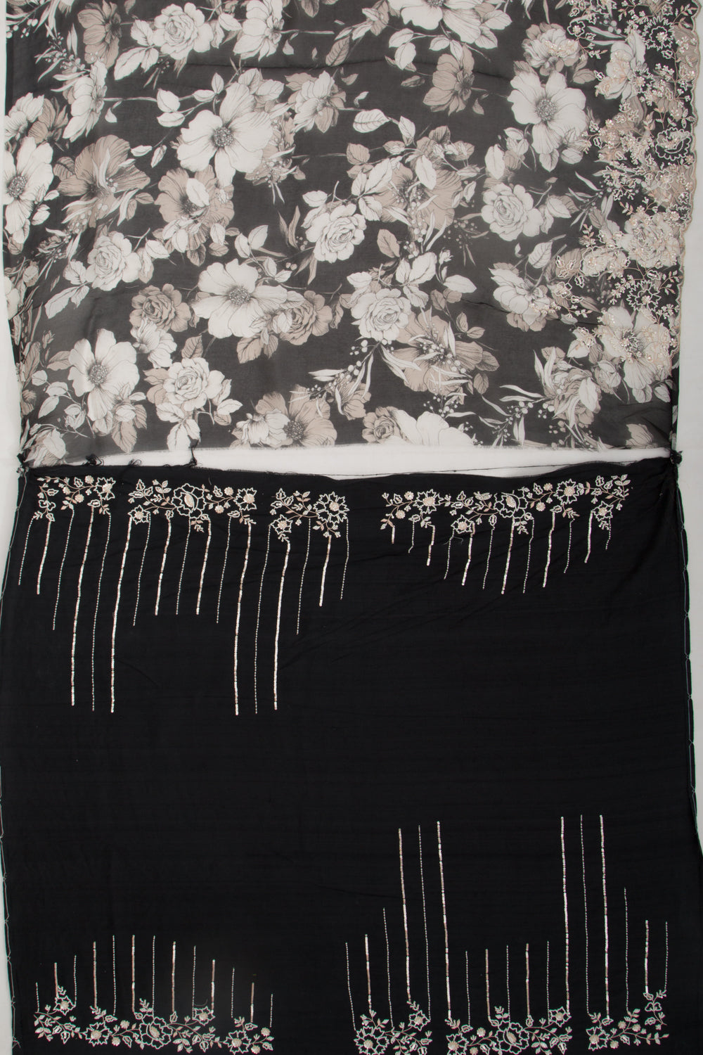 Organza Floral Printed Black Saree With Scallop Gotta Patti Work Border