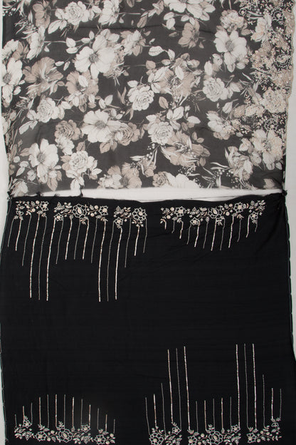 Organza Floral Printed Black Saree With Scallop Gotta Patti Work Border