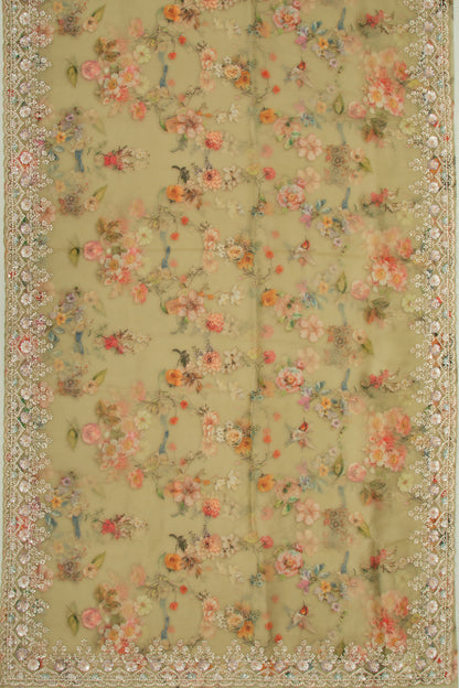 Organza Floral Printed Green Saree With Scallop Gotta Patti Work Border