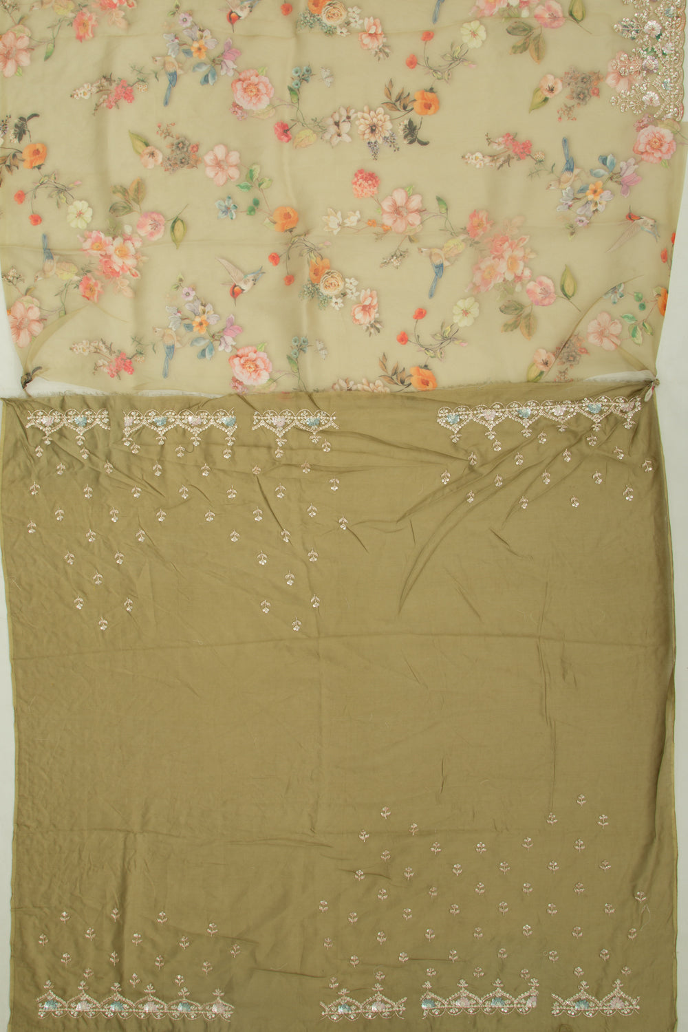 Organza Floral Printed Green Saree With Scallop Gotta Patti Work Border