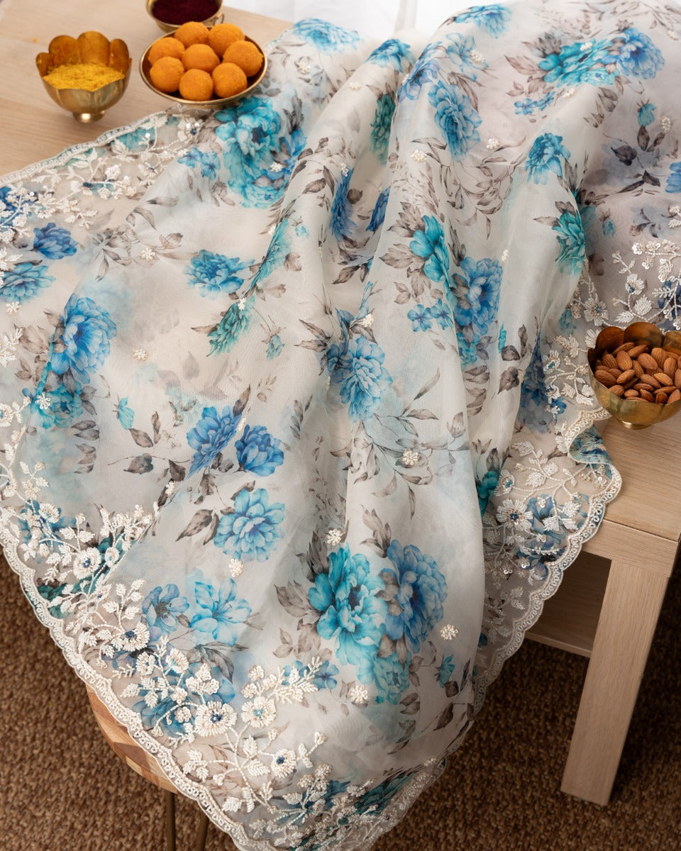 Organza Floral Printed White Saree With Scallop Gotta Patti Work Border
