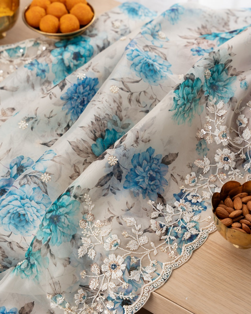 Organza Floral Printed White Saree With Scallop Gotta Patti Work Border