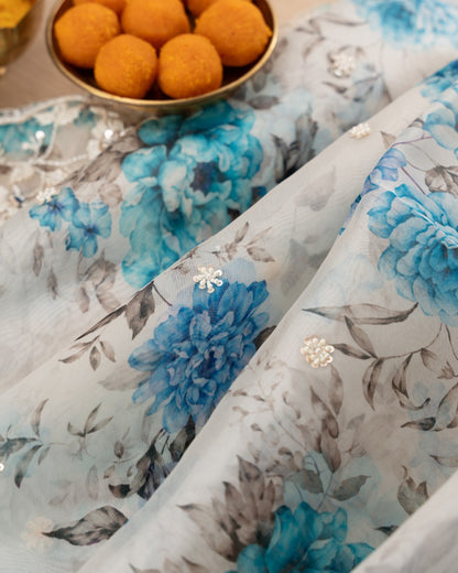 Organza Floral Printed White Saree With Scallop Gotta Patti Work Border