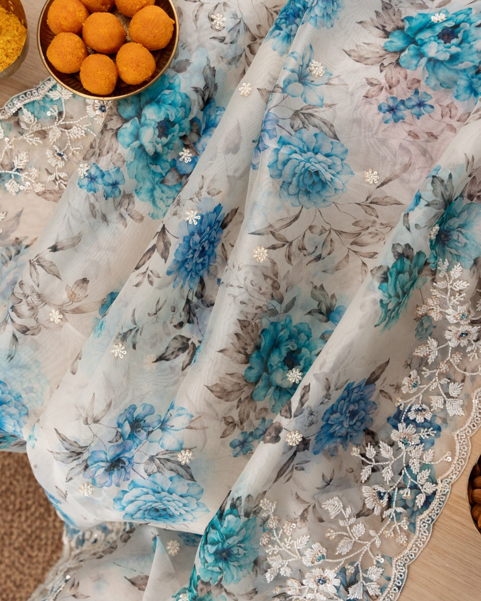 Organza Floral Printed White Saree With Scallop Gotta Patti Work Border