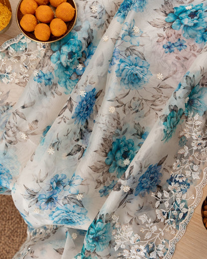 Organza Floral Printed White Saree With Scallop Gotta Patti Work Border