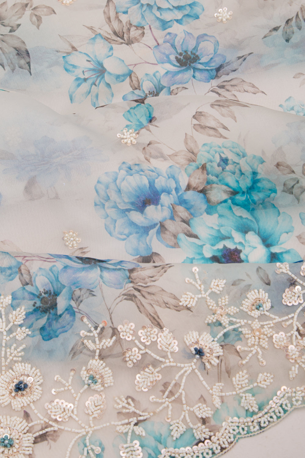 Organza Floral Printed White Saree With Scallop Gotta Patti Work Border