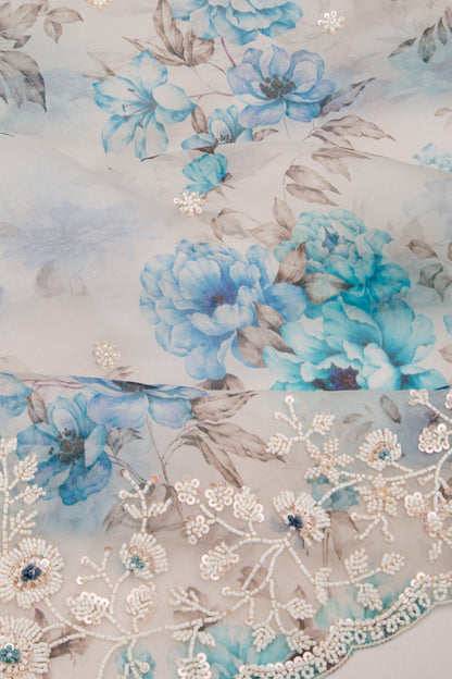 Organza Floral Printed White Saree With Scallop Gotta Patti Work Border