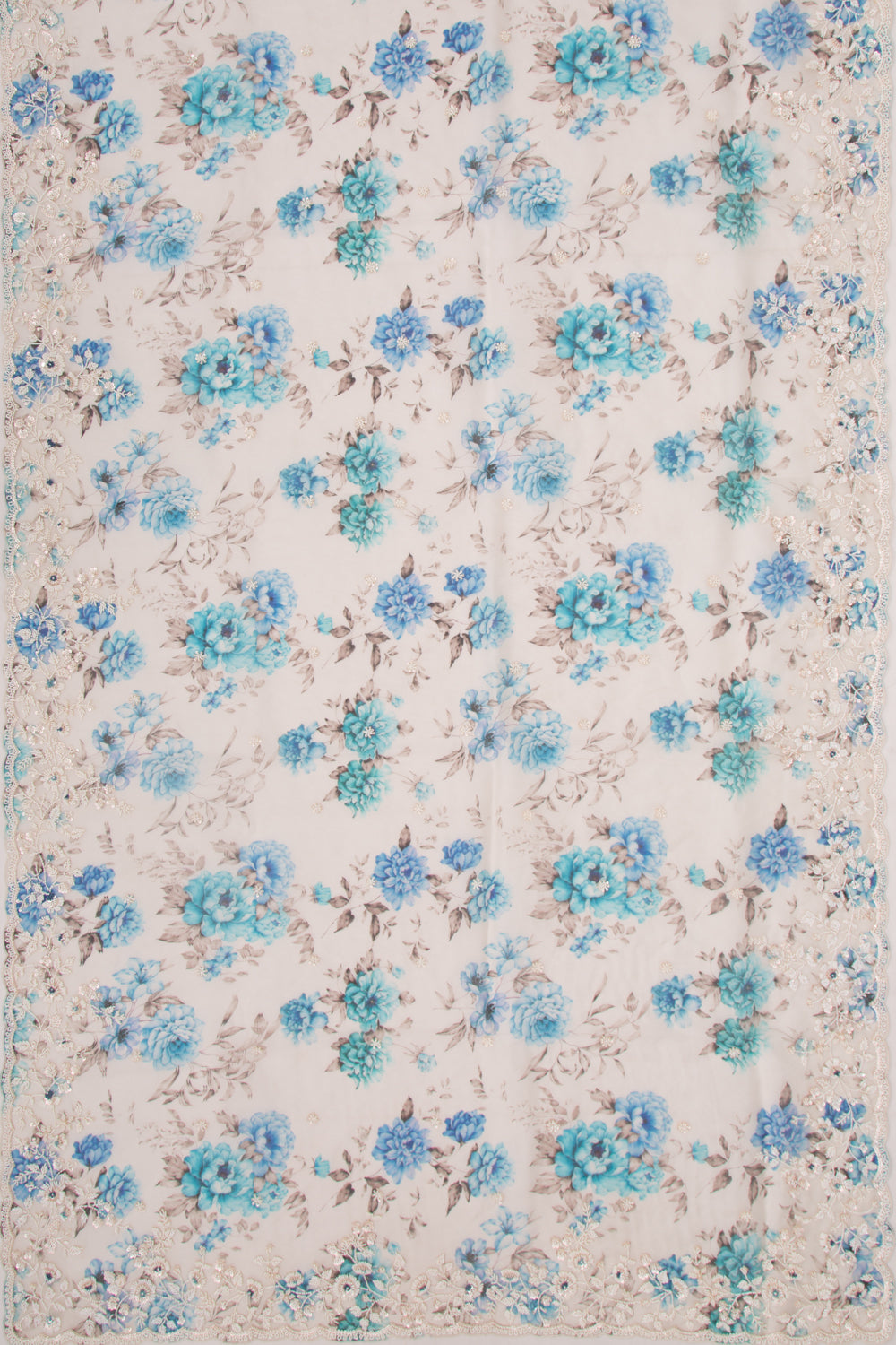 Organza Floral Printed White Saree With Scallop Gotta Patti Work Border