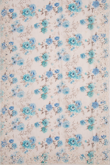 Organza Floral Printed White Saree With Scallop Gotta Patti Work Border