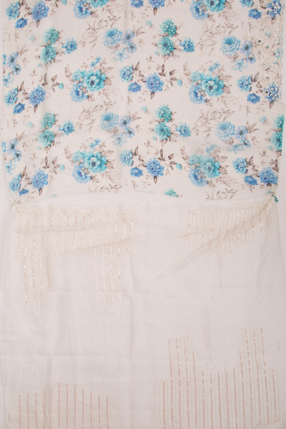 Organza Floral Printed White Saree With Scallop Gotta Patti Work Border