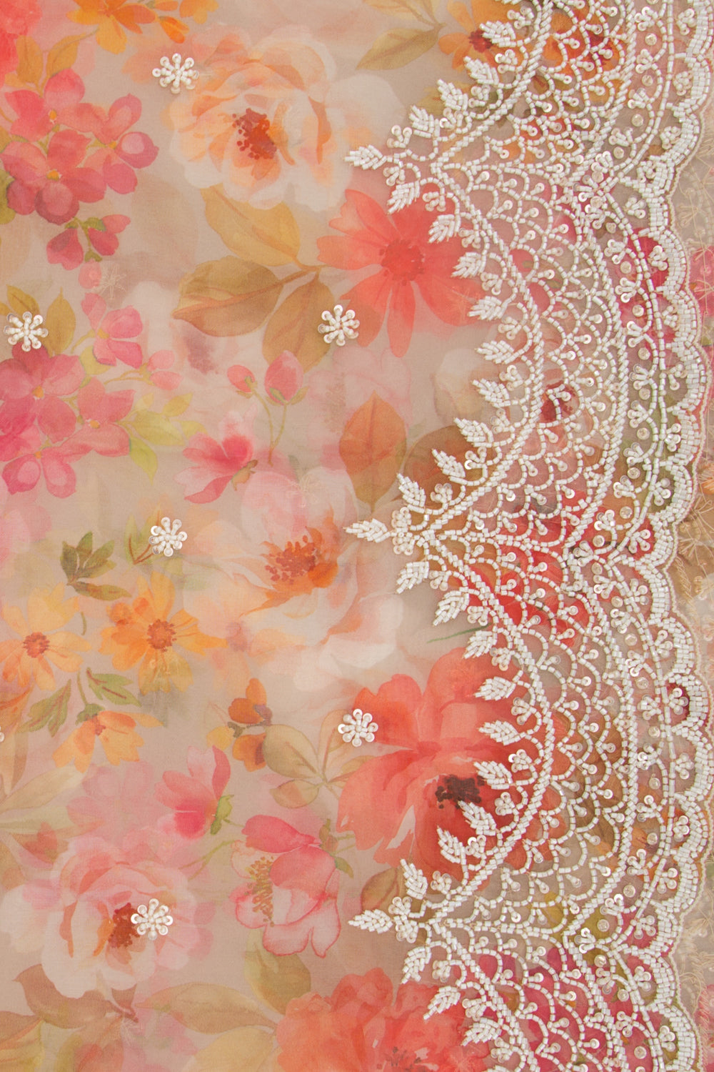 Organza Floral Printed Grey Saree With Scallop Gotta Patti Work Border