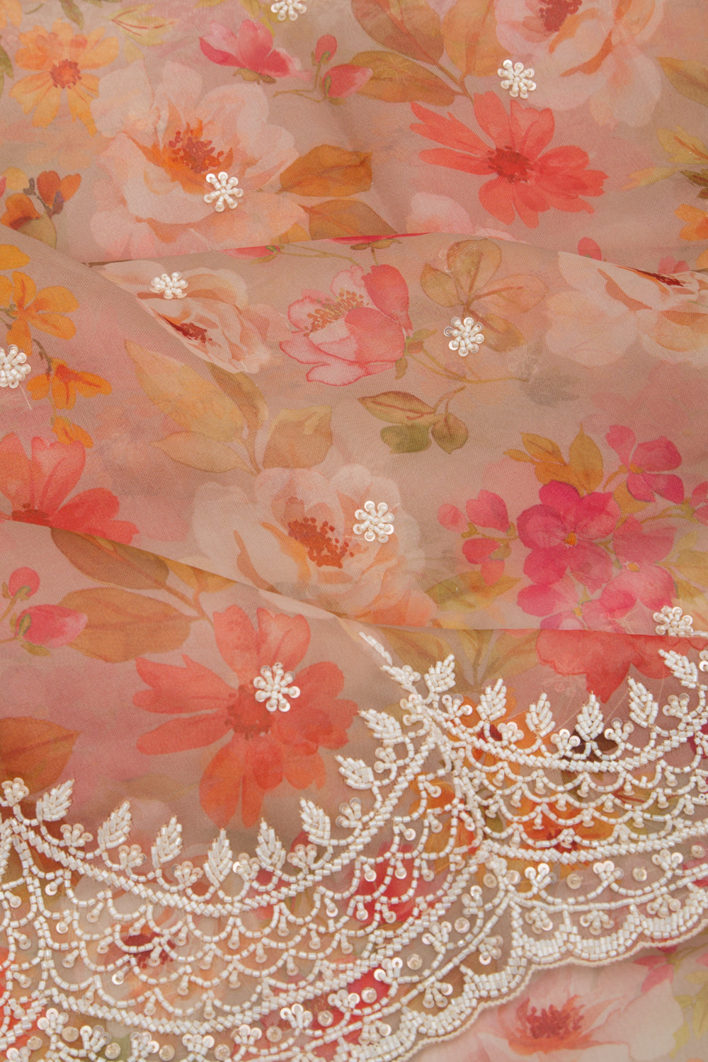 Organza Floral Printed Grey Saree With Scallop Gotta Patti Work Border