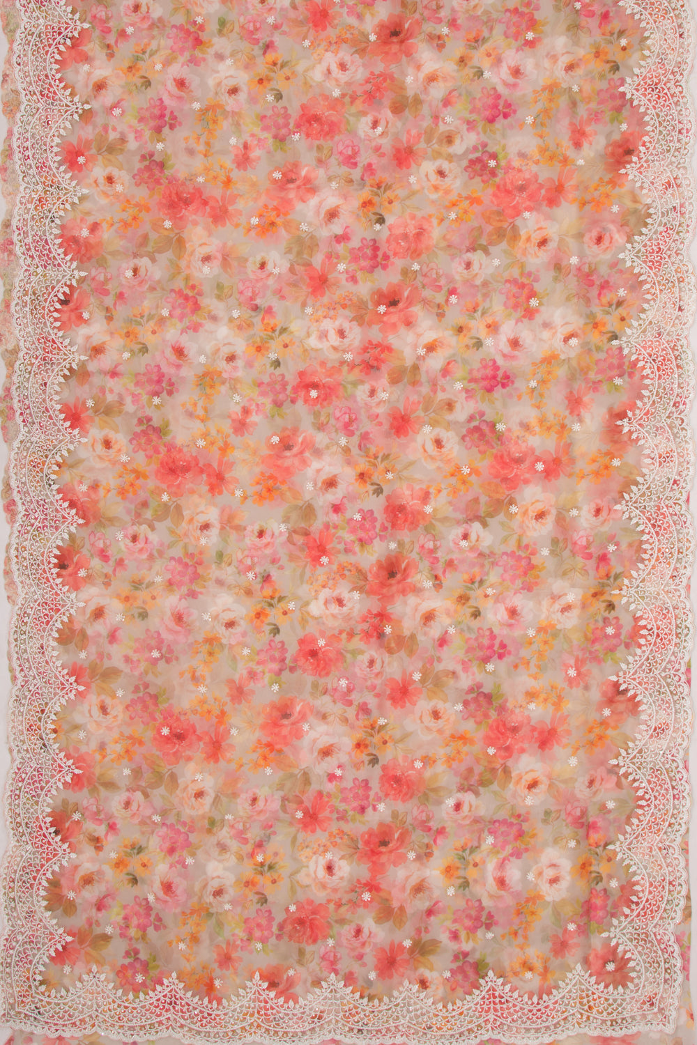 Organza Floral Printed Grey Saree With Scallop Gotta Patti Work Border