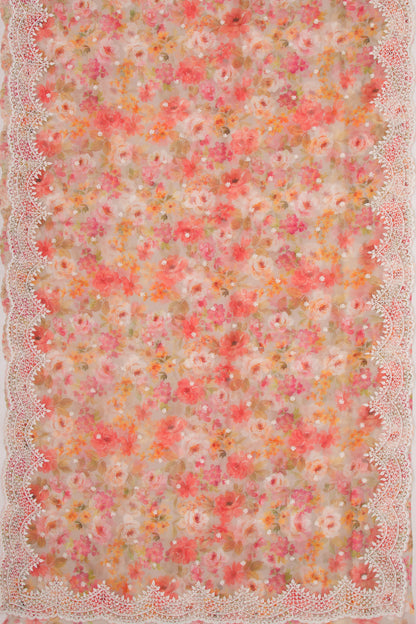 Organza Floral Printed Grey Saree With Scallop Gotta Patti Work Border