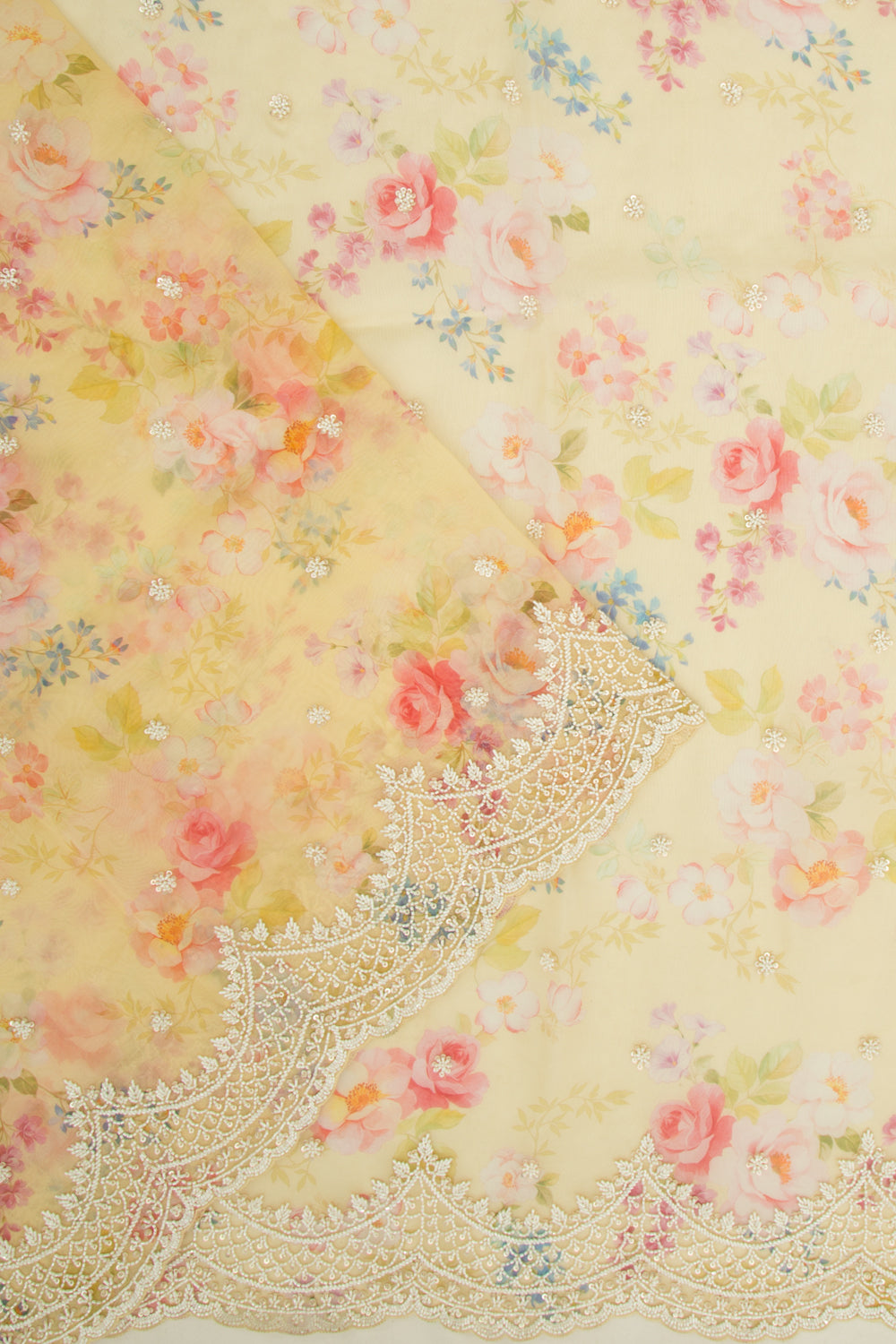 Organza Floral Printed Lemon Yellow Saree With Scallop Gotta Patti Work Border