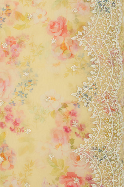 Organza Floral Printed Lemon Yellow Saree With Scallop Gotta Patti Work Border