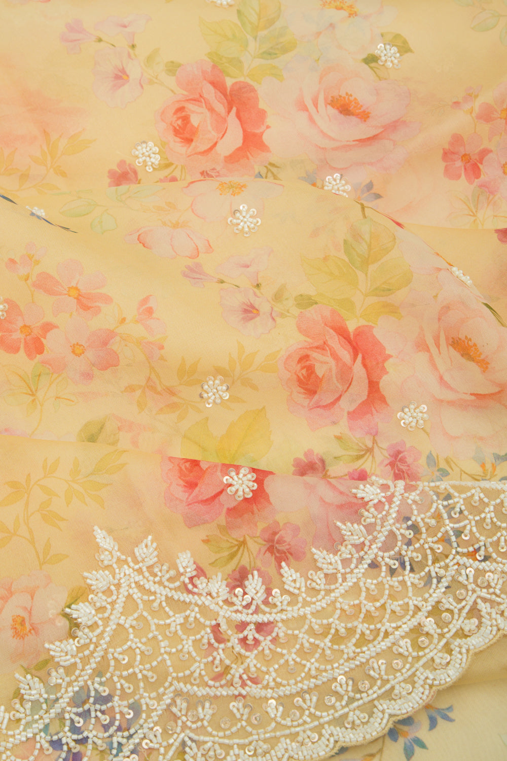 Organza Floral Printed Lemon Yellow Saree With Scallop Gotta Patti Work Border