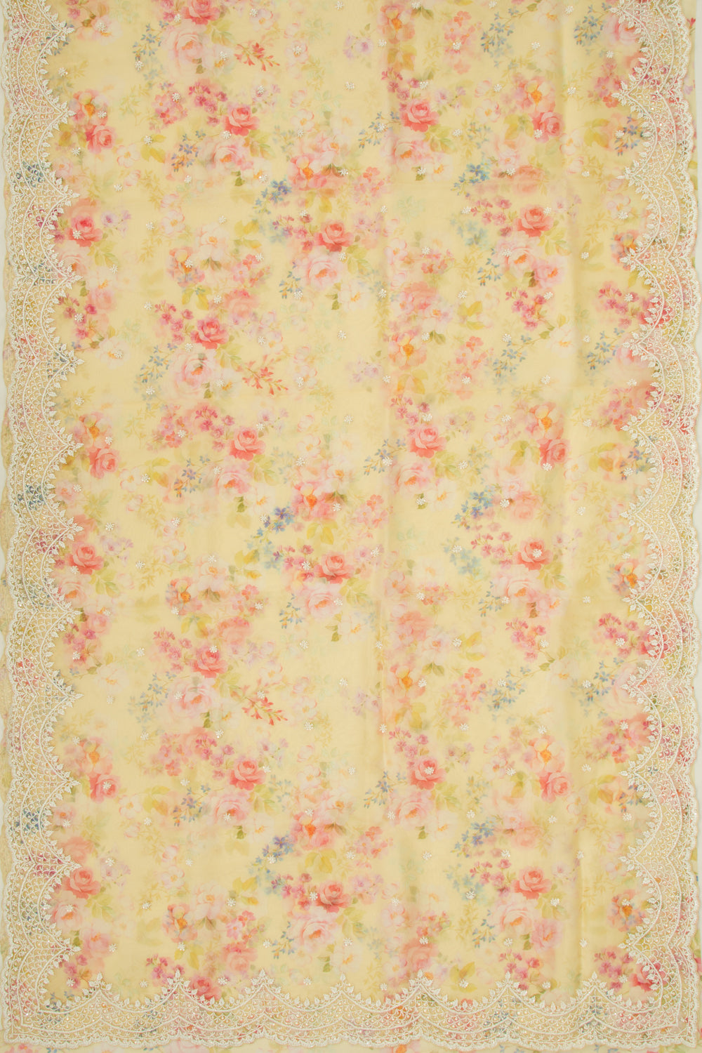 Organza Floral Printed Lemon Yellow Saree With Scallop Gotta Patti Work Border