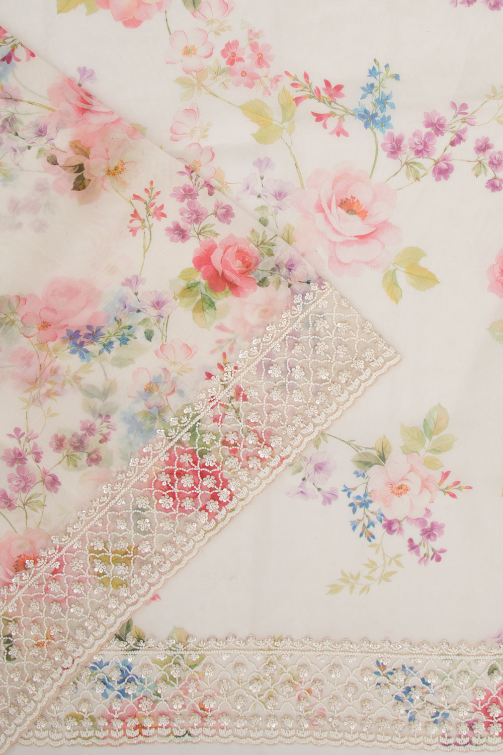 Organza Floral Printed White Saree With Scallop Gotta Patti Work Border