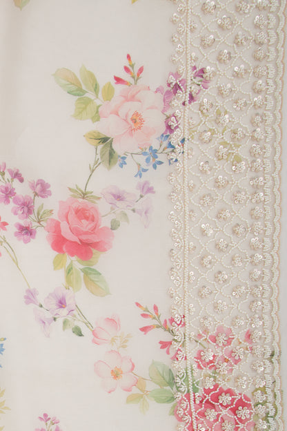 Organza Floral Printed White Saree With Scallop Gotta Patti Work Border