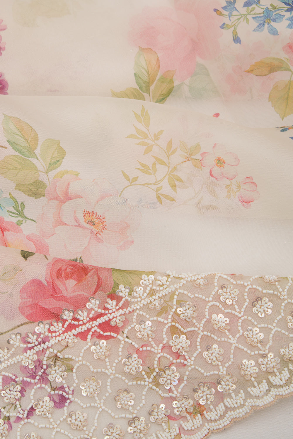 Organza Floral Printed White Saree With Scallop Gotta Patti Work Border