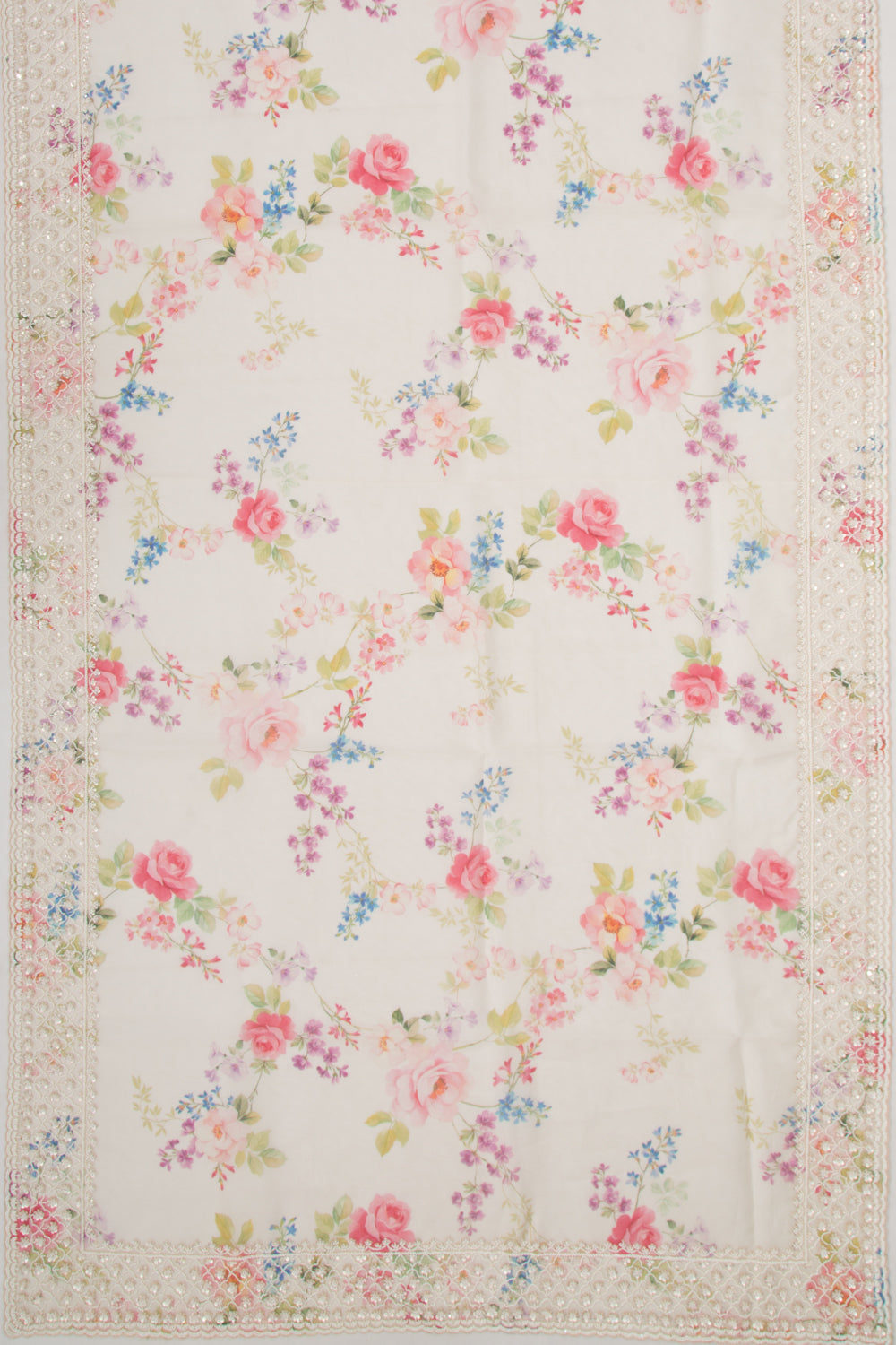 Organza Floral Printed White Saree With Scallop Gotta Patti Work Border
