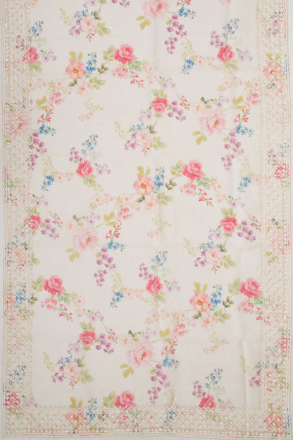 Organza Floral Printed White Saree With Scallop Gotta Patti Work Border