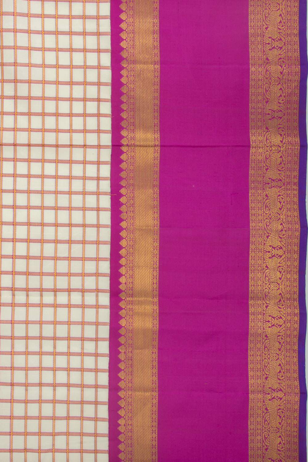 Kanchipuram Silk Checks Cream Saree