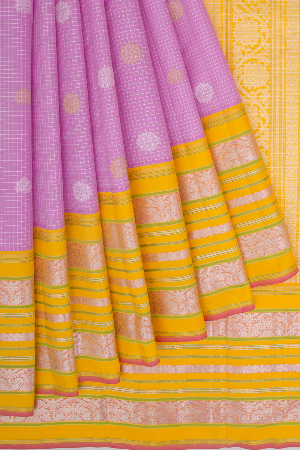 Kanchipuram Silk Checks And Butta Lavender Saree