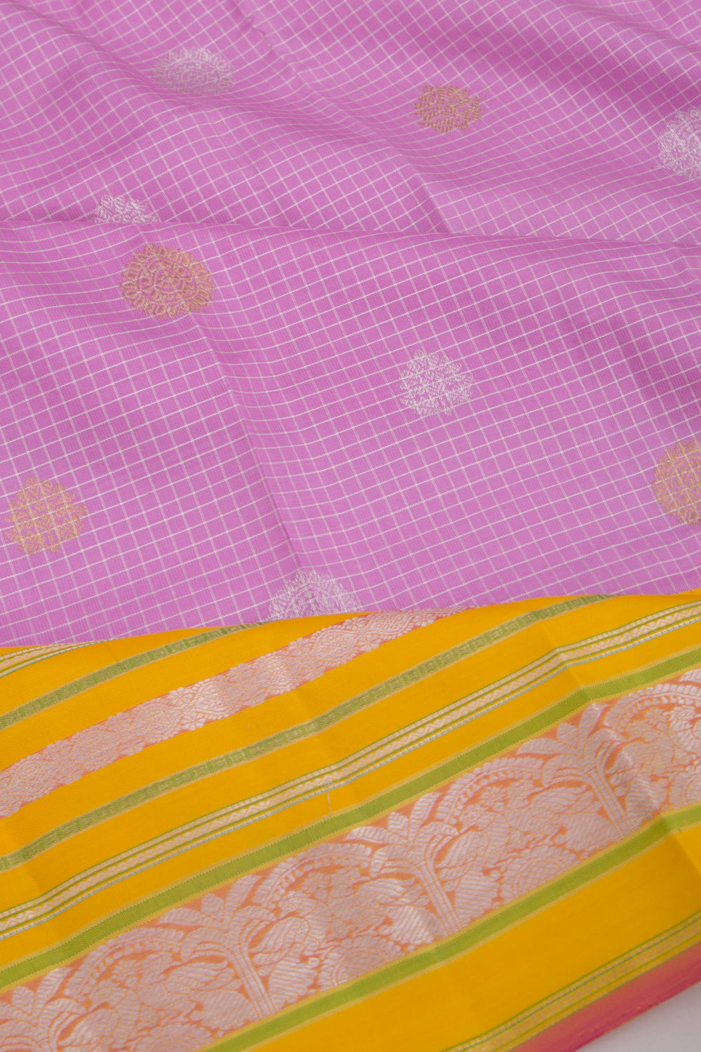 Kanchipuram Silk Checks And Butta Lavender Saree