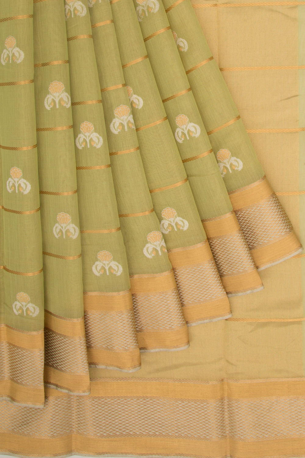 Pure Chanderi Silk Tissue Lines And Butta Green Saree