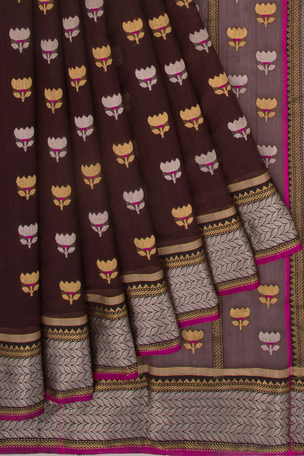 Pure Chanderi Silk Butta Brown Saree