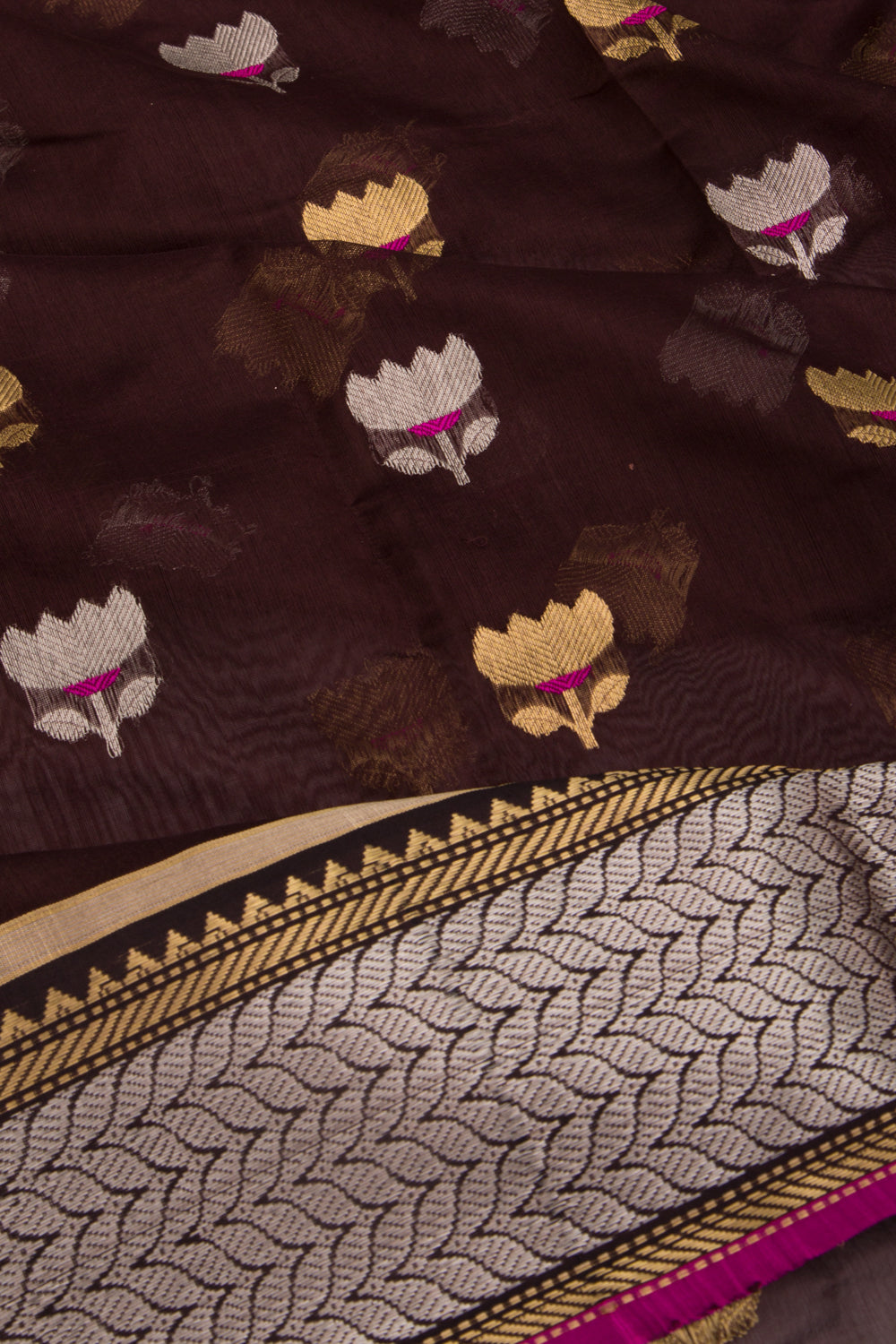 Pure Chanderi Silk Butta Brown Saree