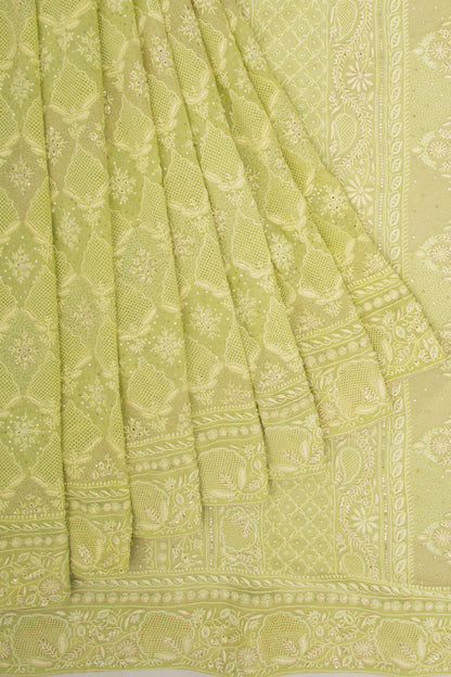 Lucknow Chikankari Georgette Green Saree