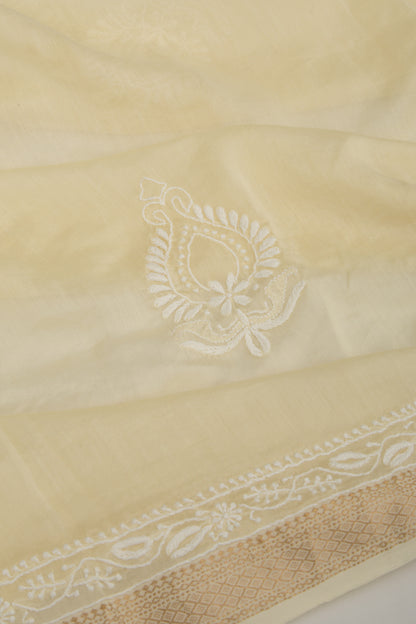 Lucknow Chikankari Cotton Pastel Cream Saree