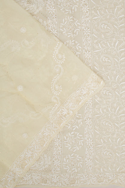 Lucknow Chikankari Organza Cream Saree
