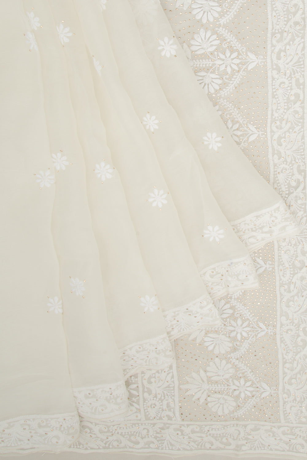Lucknow Chikankari Organza White Saree