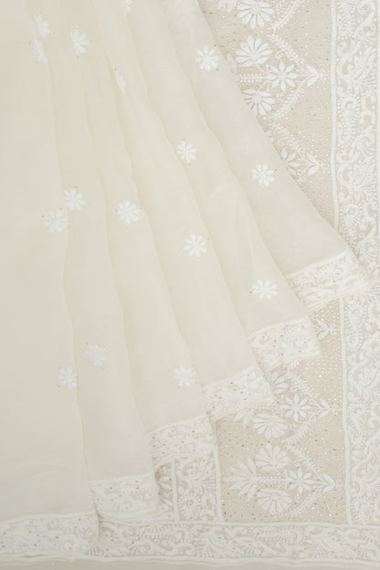 Lucknow Chikankari Organza White Saree