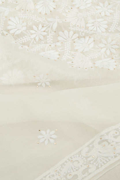 Lucknow Chikankari Organza White Saree