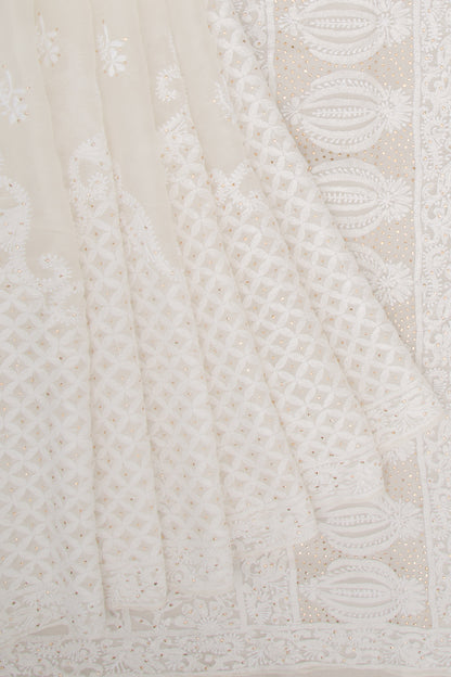 Lucknow Chikankari Organza White Saree