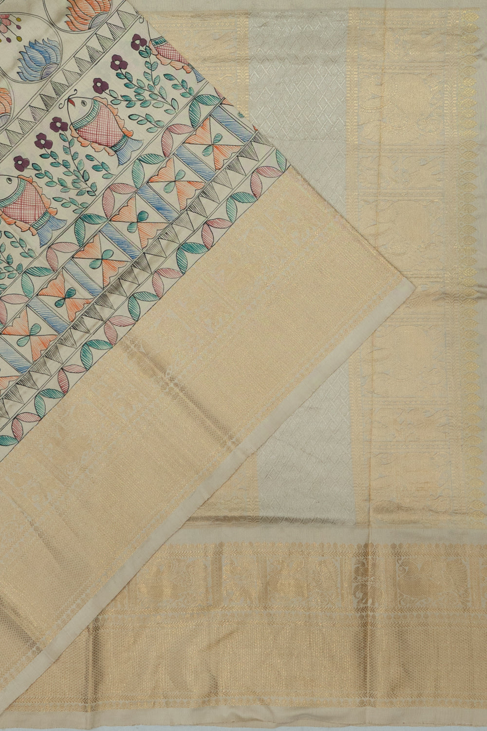 Kanchipuram Silk Madhubani Printed Off White Saree