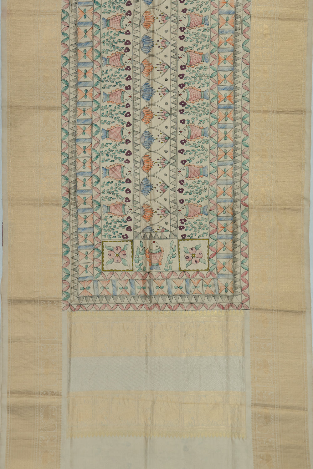 Kanchipuram Silk Madhubani Printed Off White Saree