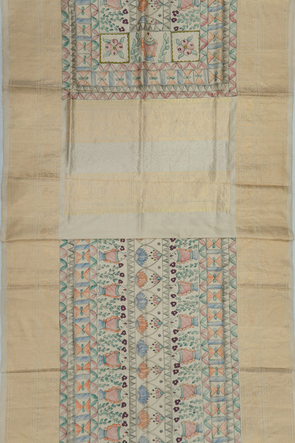 Kanchipuram Silk Madhubani Printed Off White Saree