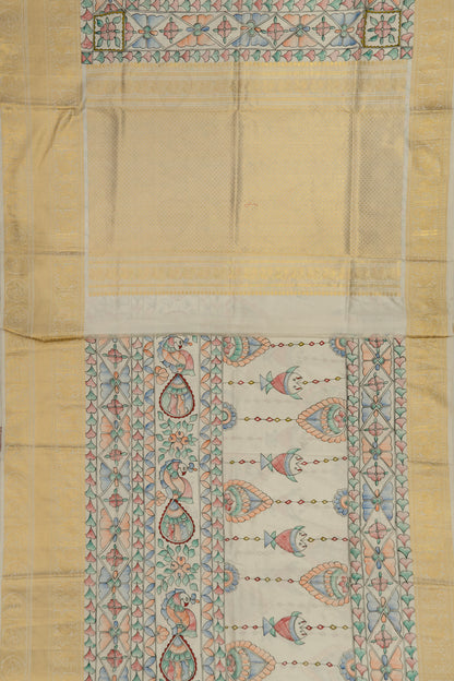 Kanchipuram Silk Madhubani Printed Off White Saree