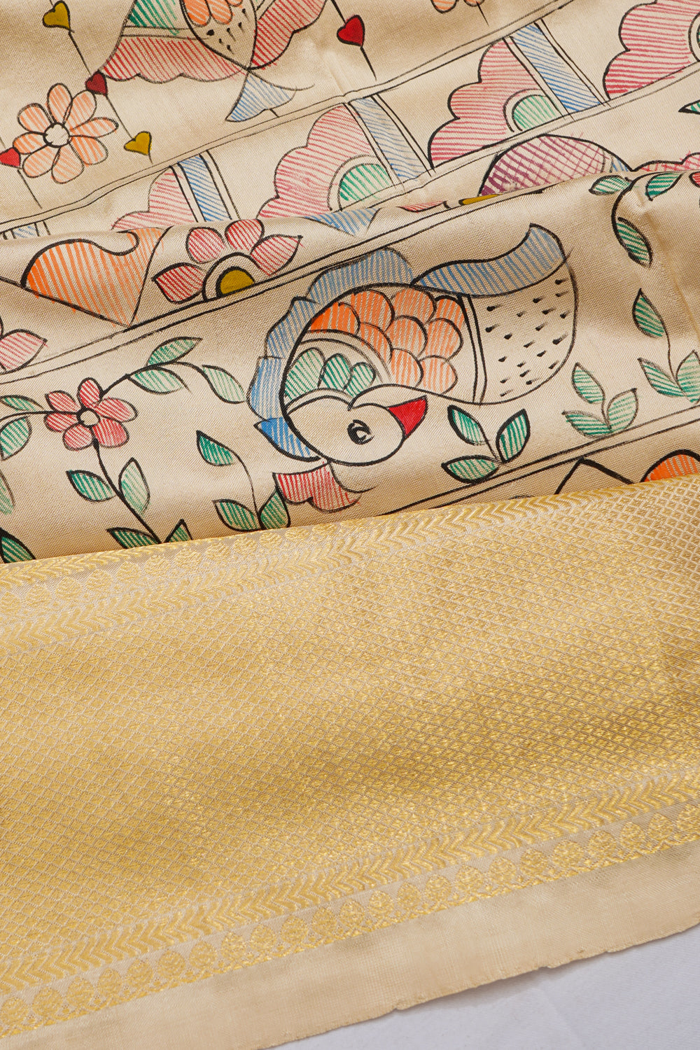 Kanchipuram Silk Madhubani Handpainted Off White Saree