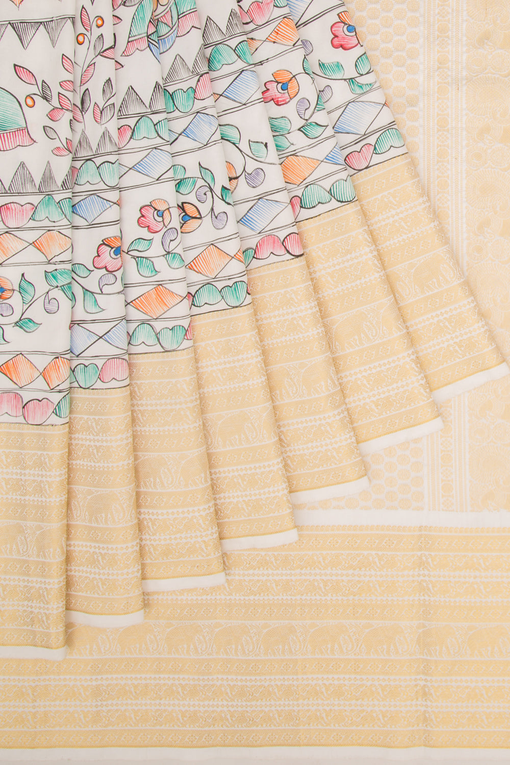 Kanchipuram Silk Hand Painted Madhubani White Saree