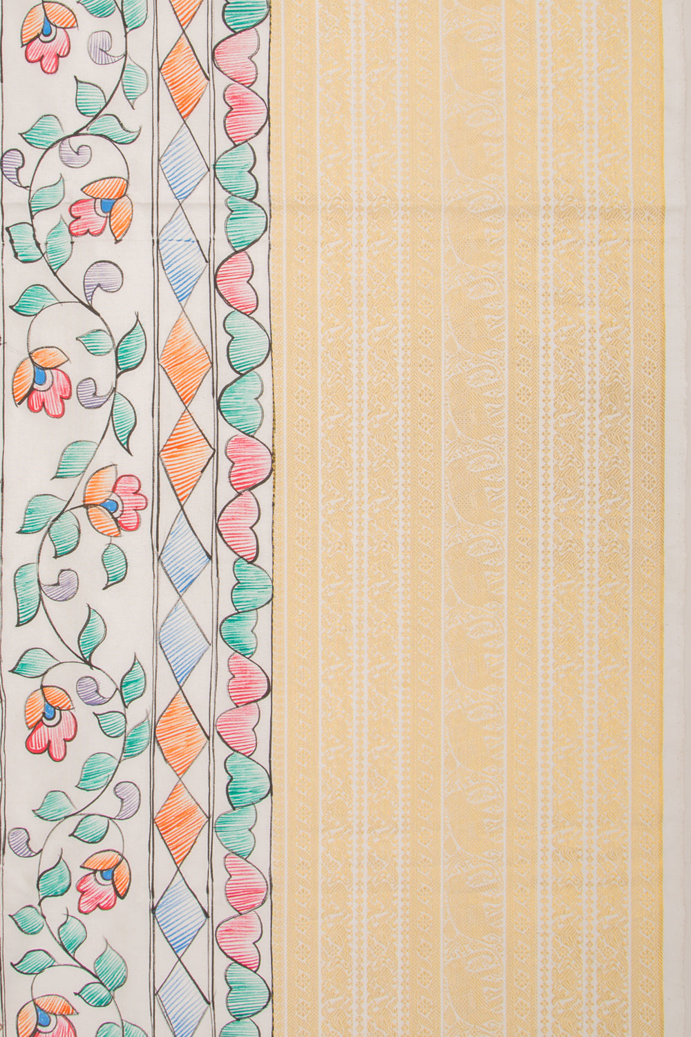 Kanchipuram Silk Hand Painted Madhubani White Saree