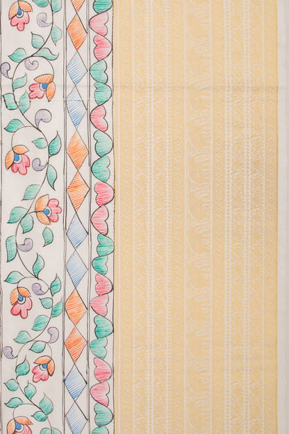 Kanchipuram Silk Hand Painted Madhubani White Saree