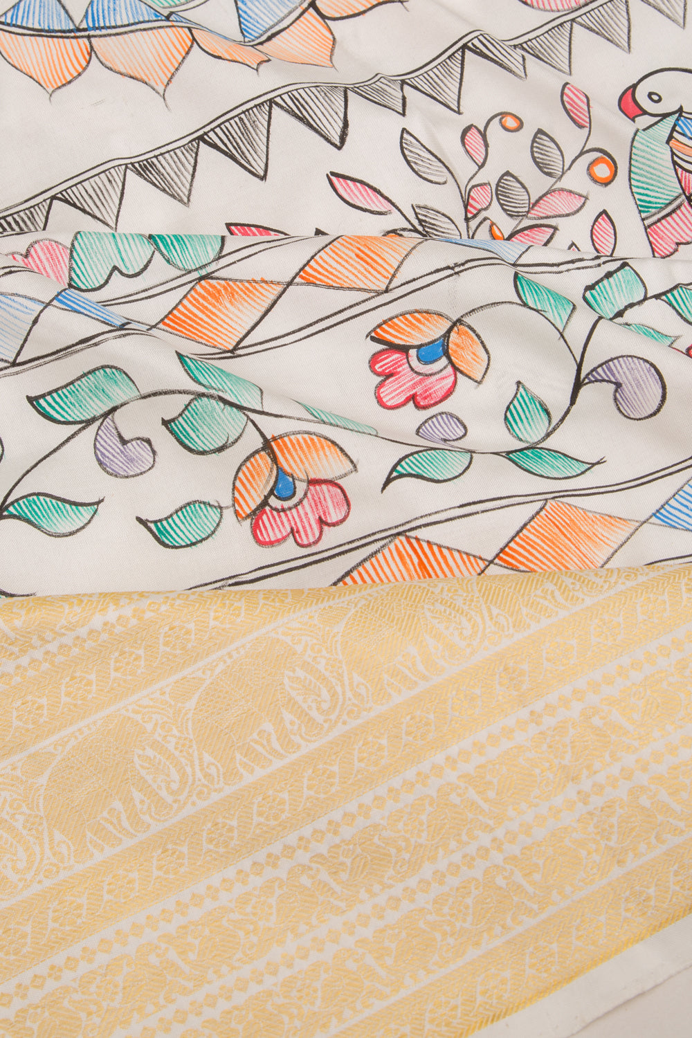 Kanchipuram Silk Hand Painted Madhubani White Saree
